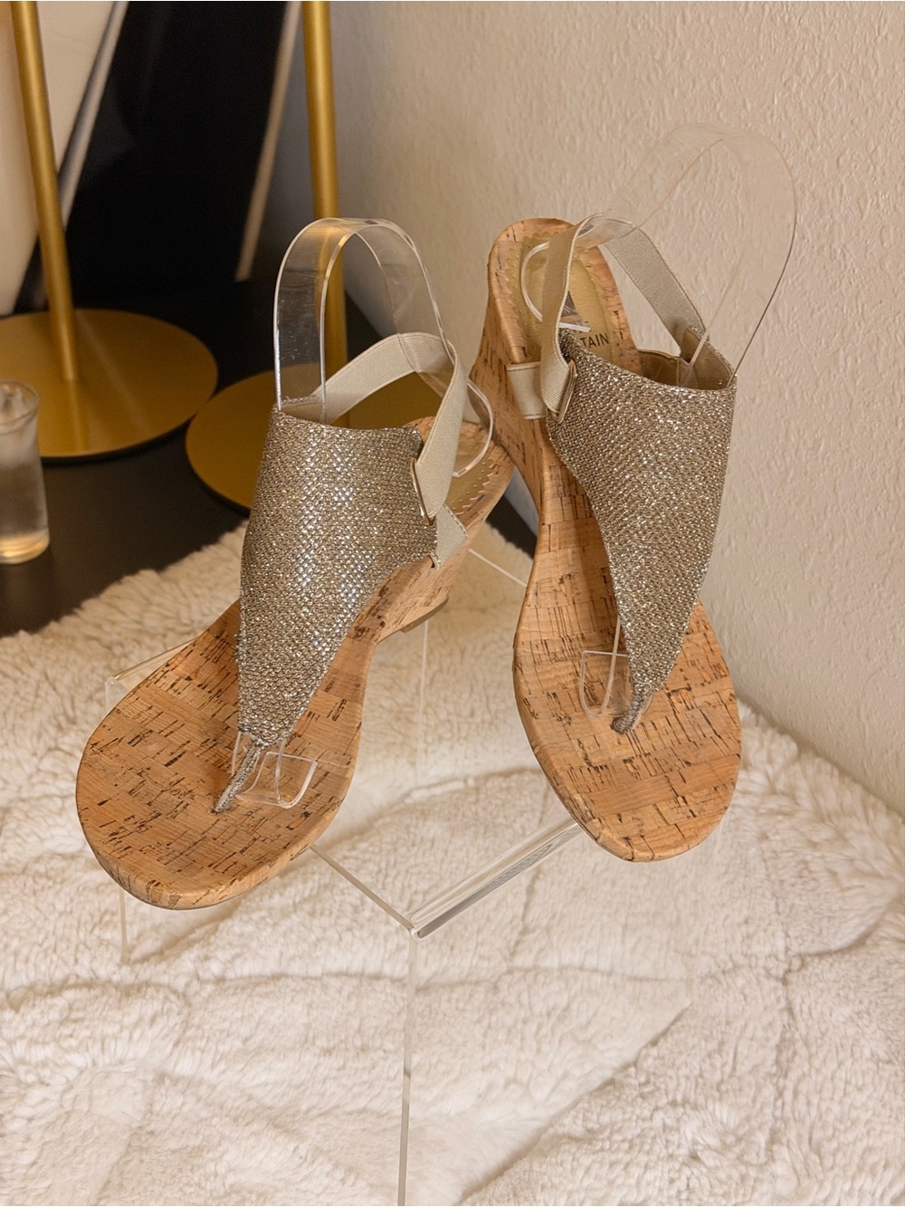 White Mountain Pink and Silver Glitter Cork Wedge Thong Sandals - Picture 2 of 9